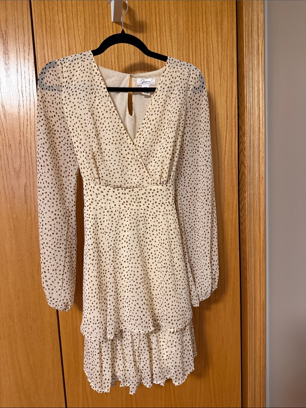 Cream Polka Dot Long Sleeve Tiered Wrap Dress